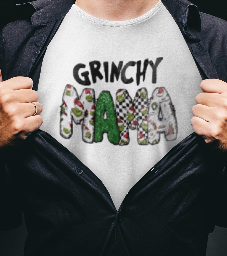 Grinchy Mama Holiday Checkerboard And Santa Hat T-Shirt