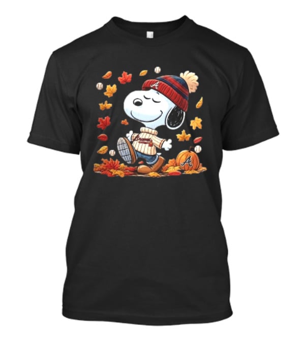 Atlanta Braves Snoopy Walking In Autumn Leaves With Pumpkin Baseballs Cartoon T-Shirt