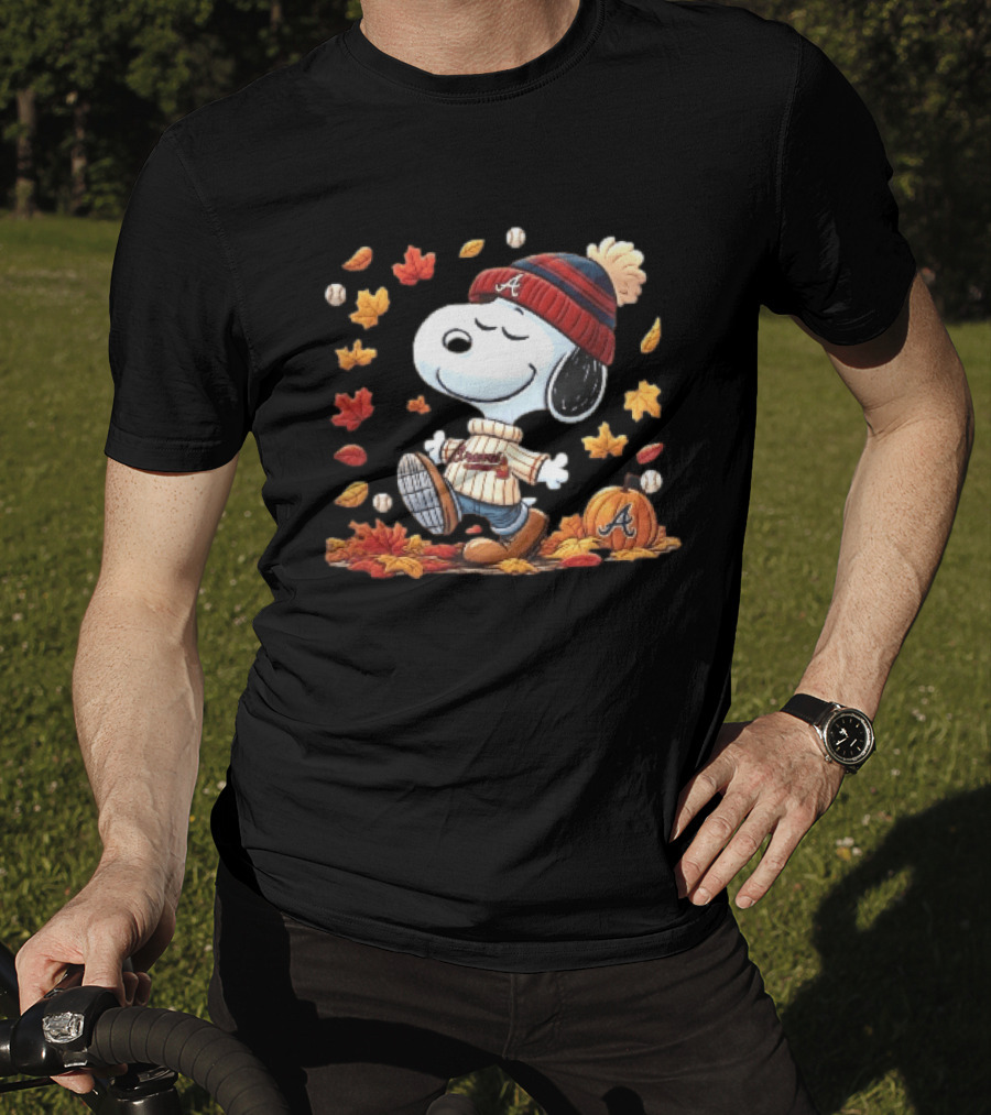 Atlanta Braves Snoopy Walking In Autumn Leaves With Pumpkin Baseballs Cartoon T-Shirt