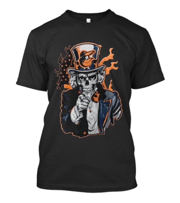 Baltimore Orioles Skeleton Uncle Sam Pointing Flames American Flag Hat T-Shirt