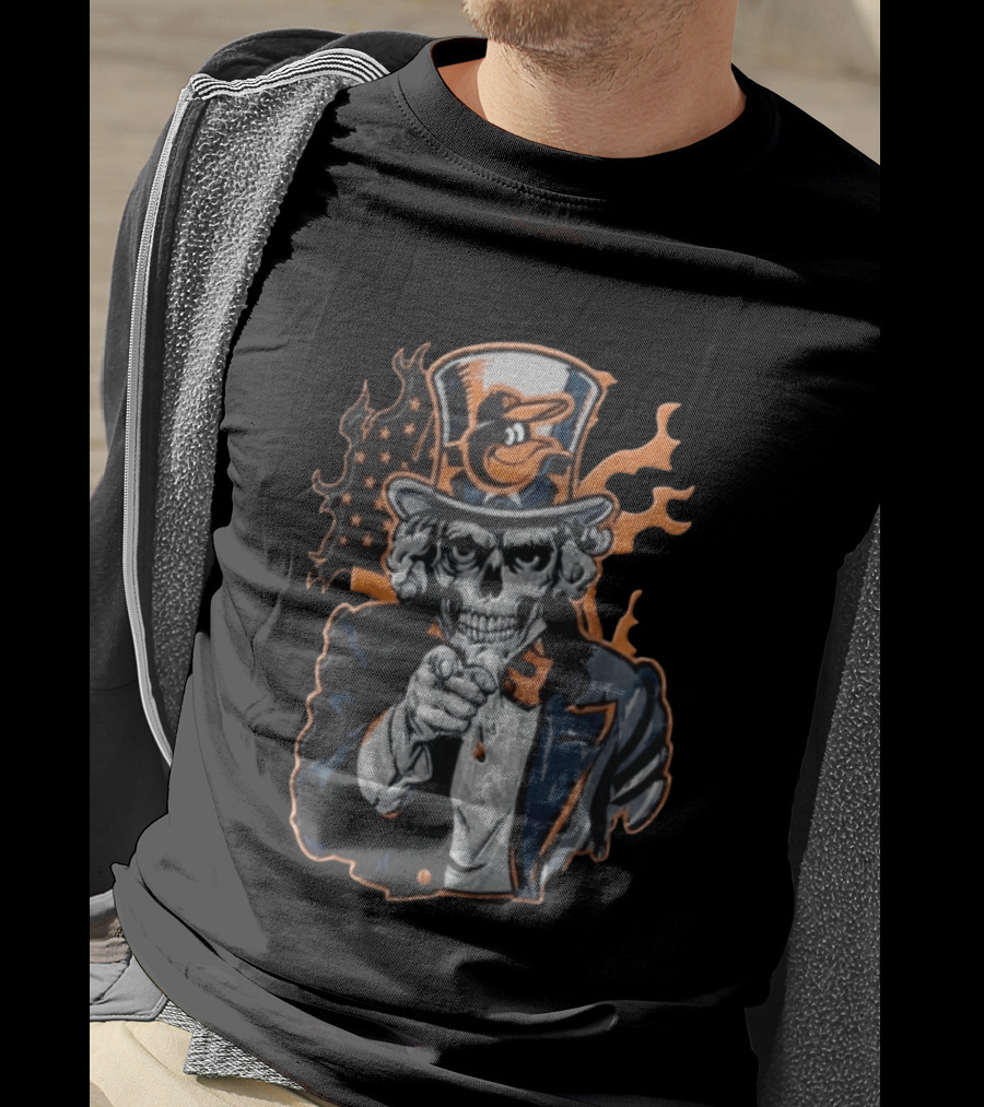 Baltimore Orioles Skeleton Uncle Sam Pointing Flames American Flag Hat T-Shirt