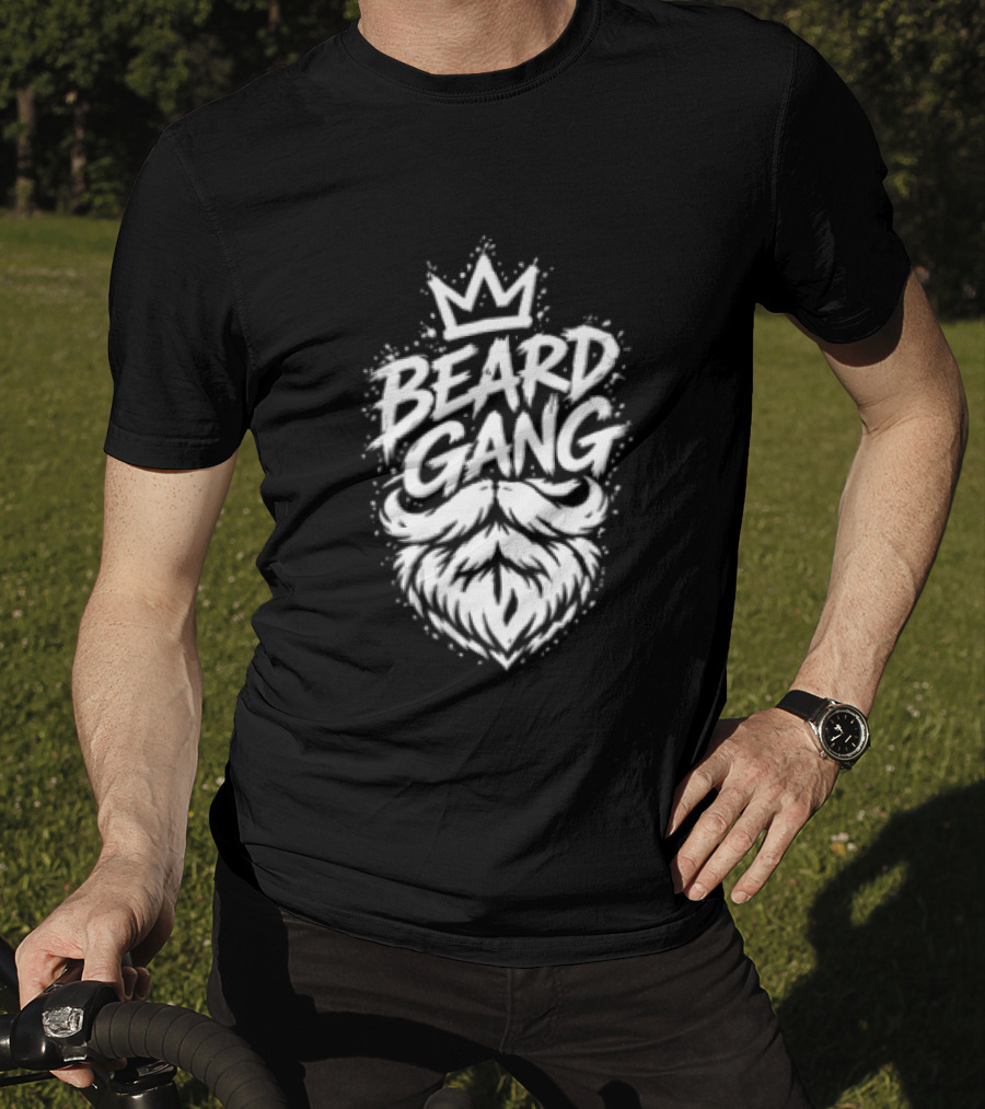 Beard Gang Crown Handlebar Mustache Paint Splatter Bushy Facial Hair T-Shirt