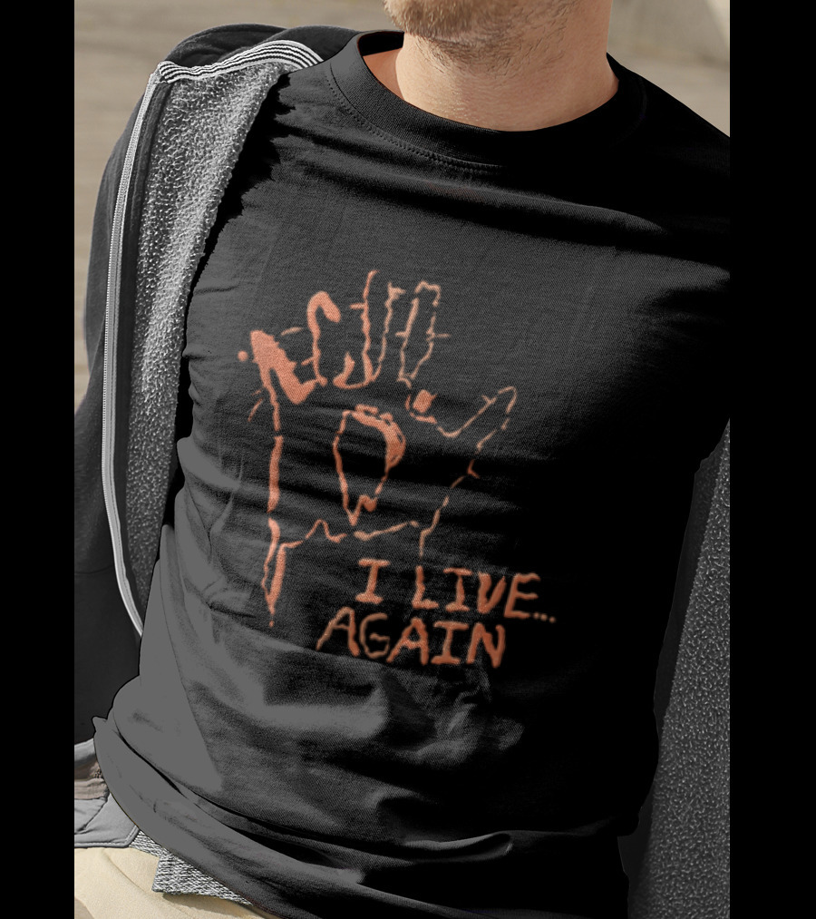 I Live Again Red Spiky Handprint Burning Hole In Palm Distressed Halloween T-Shirt