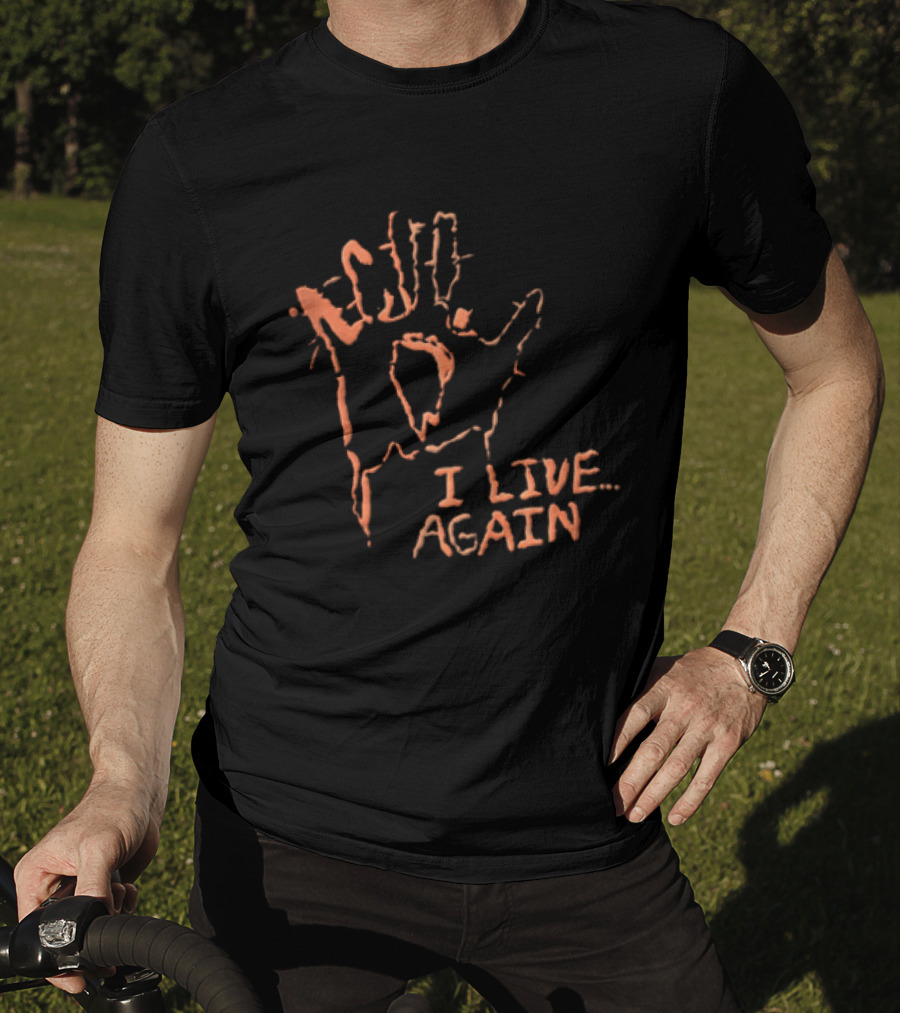 I Live Again Red Spiky Handprint Burning Hole In Palm Distressed Halloween T-Shirt