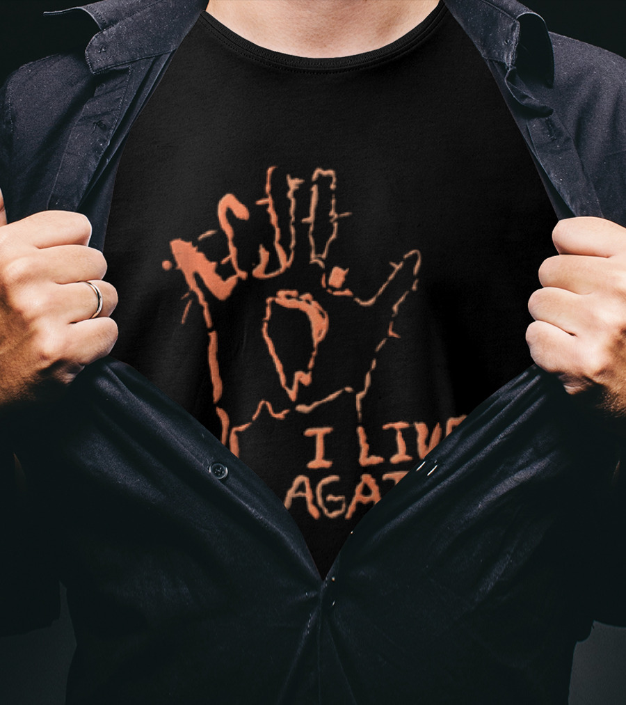 I Live Again Red Spiky Handprint Burning Hole In Palm Distressed Halloween T-Shirt