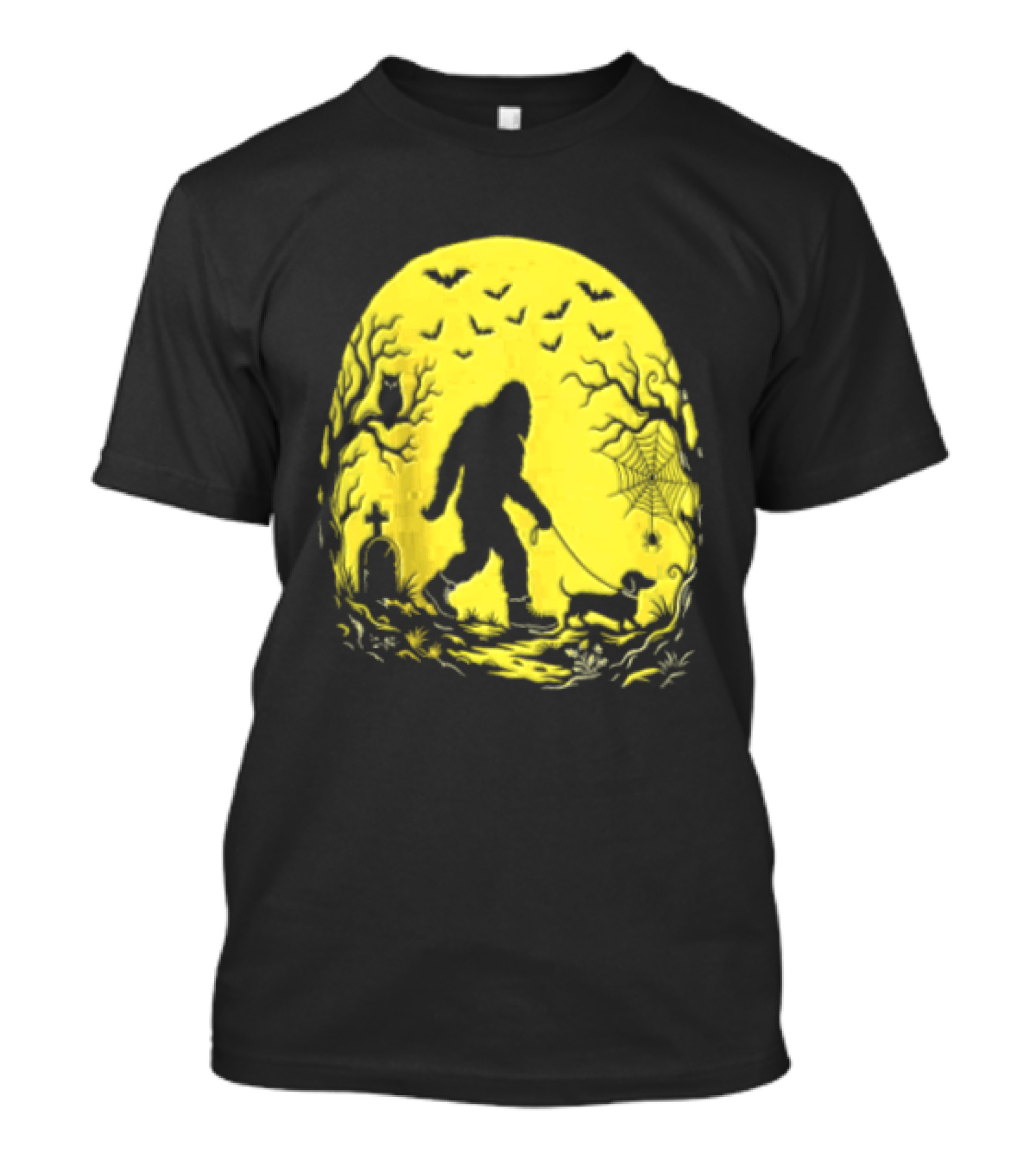 Bigfoot Walking Dachshund Under Full Moon Halloween Night T-Shirt