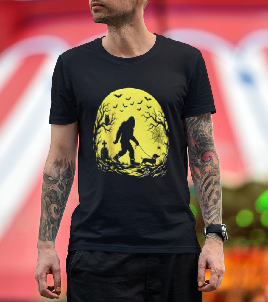 Bigfoot Walking Dachshund Under Full Moon Halloween Night T-Shirt