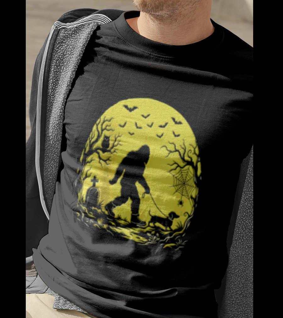Bigfoot Walking Dachshund Under Full Moon Halloween Night T-Shirt