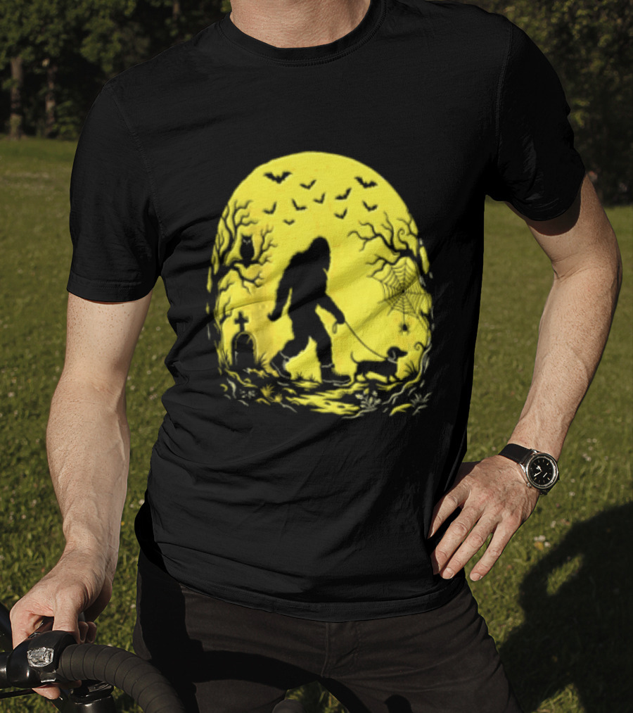 Bigfoot Walking Dachshund Under Full Moon Halloween Night T-Shirt