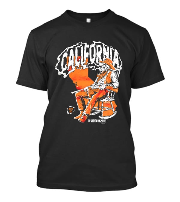 California Skeleton Cowboy Southern Hospitality Tour Aug 20 Rocking Chair Rifle Map T-Shirt