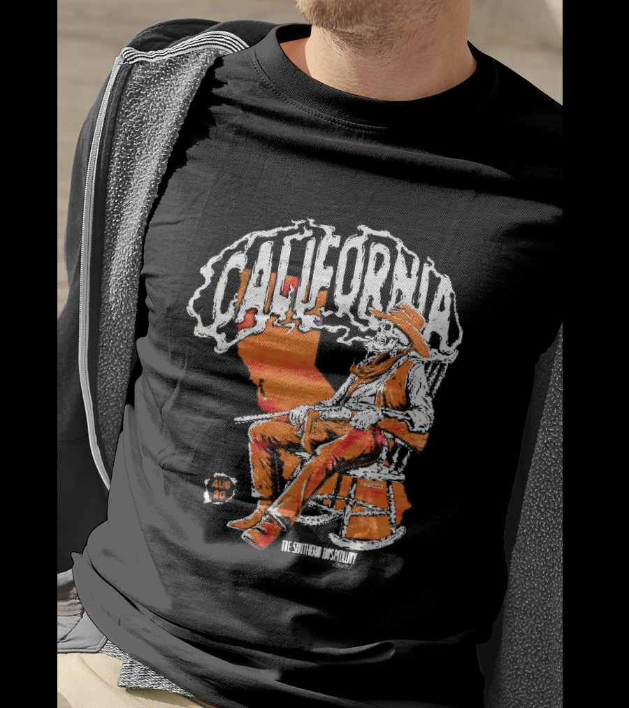 California Skeleton Cowboy Southern Hospitality Tour Aug 20 Rocking Chair Rifle Map T-Shirt