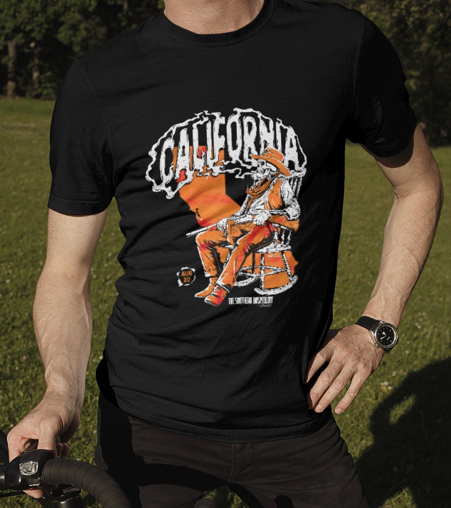 California Skeleton Cowboy Southern Hospitality Tour Aug 20 Rocking Chair Rifle Map T-Shirt