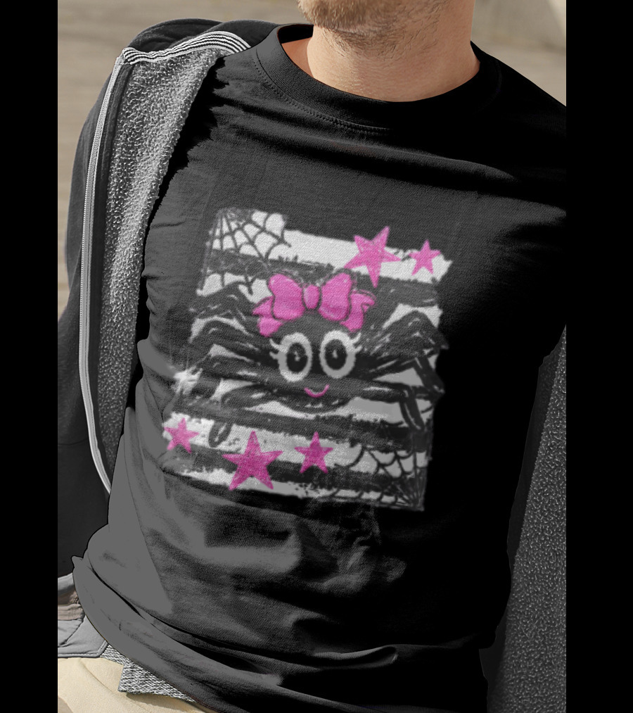 Cartoon Black Spider Big Eyes Pink Bow Stripes Webs Stars T-Shirt