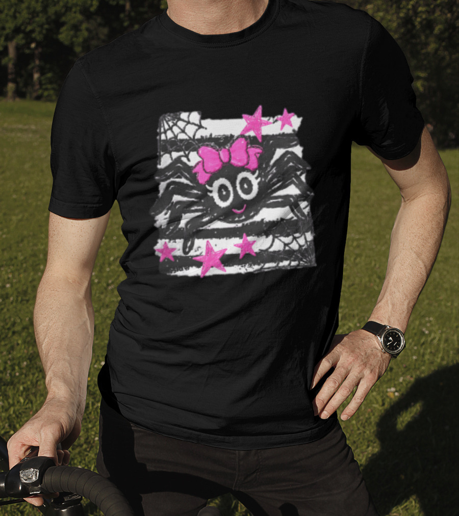 Cartoon Black Spider Big Eyes Pink Bow Stripes Webs Stars T-Shirt