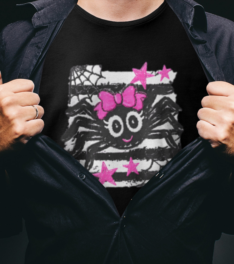 Cartoon Black Spider Big Eyes Pink Bow Stripes Webs Stars T-Shirt