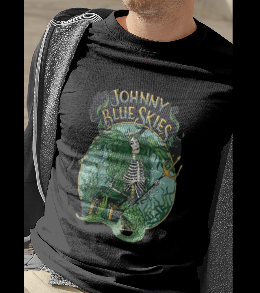 Johnny Blue Skies Skeleton Mermaid Adventure With Trident And Treasure T-Shirt