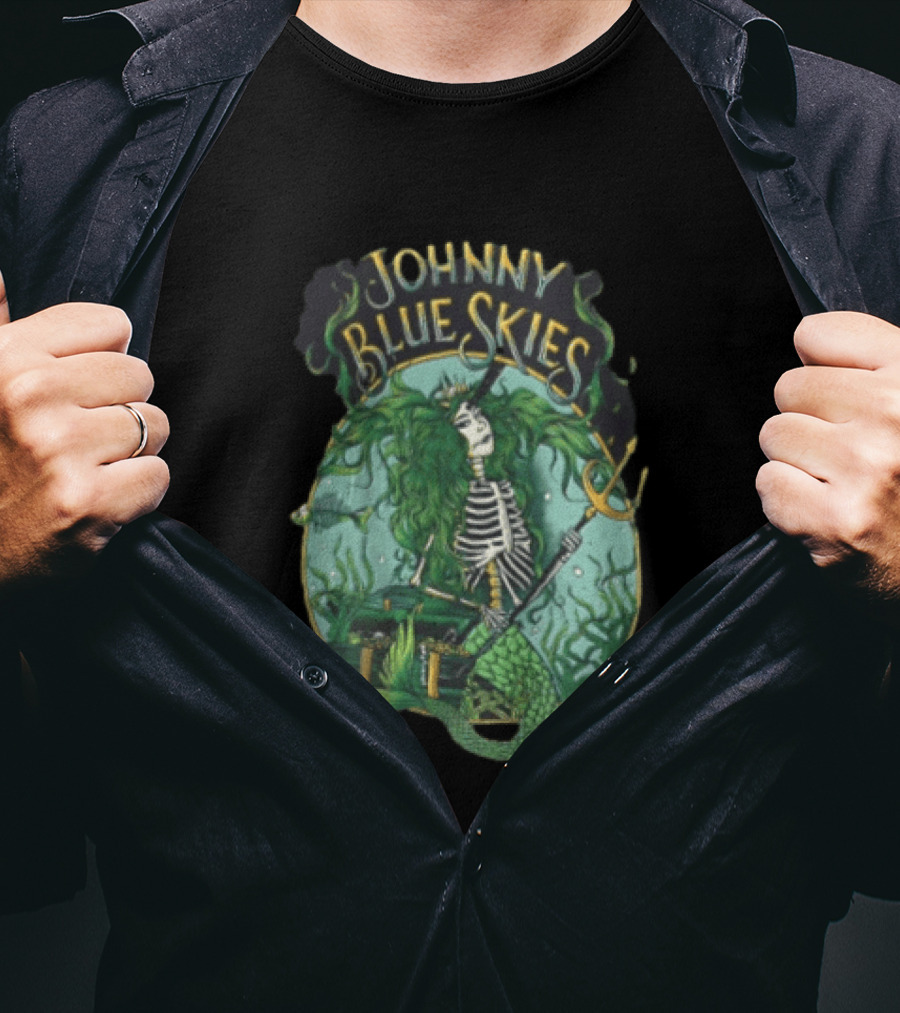 Johnny Blue Skies Skeleton Mermaid Adventure With Trident And Treasure T-Shirt