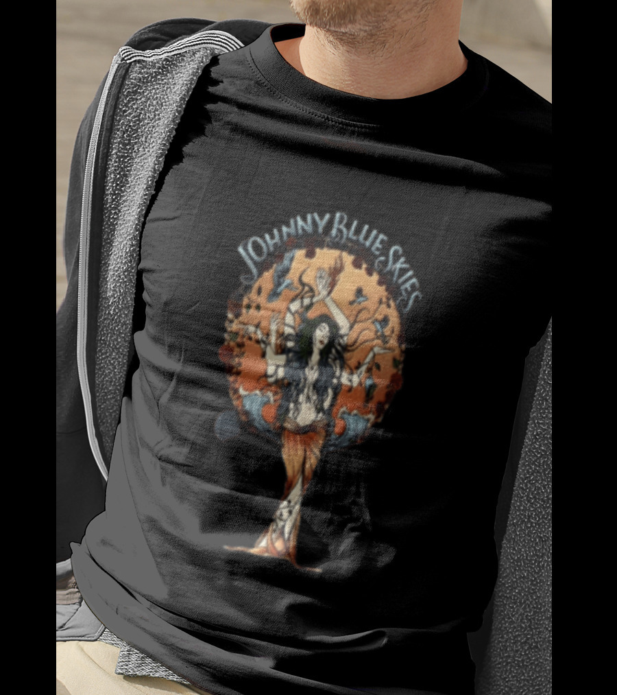 Johnny Blue Skies Ocean Goddess Mythical Woman Surrounded By Birds T-Shirt