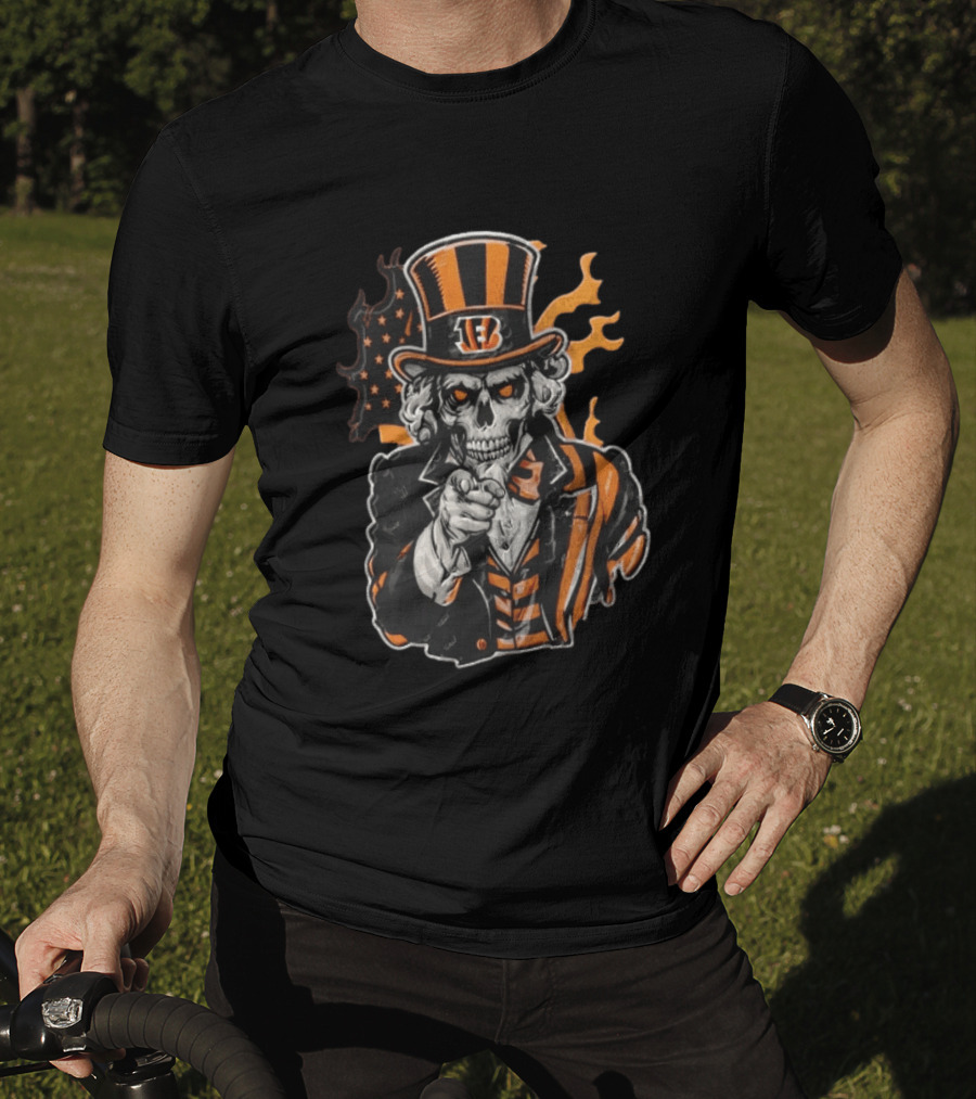 Cincinnati Bengals Skeleton Uncle Sam Pointing Tiger Head Iconic Style Fan Favorite T-Shirt