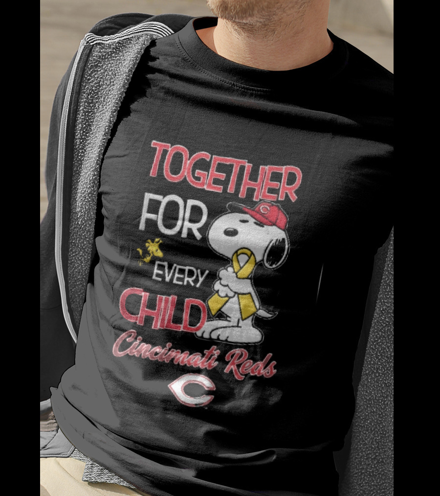 TOGETHER FOR EVERY CHILD Cincinnati Reds Snoopy Woodstock Yellow Ribbon T-Shirt