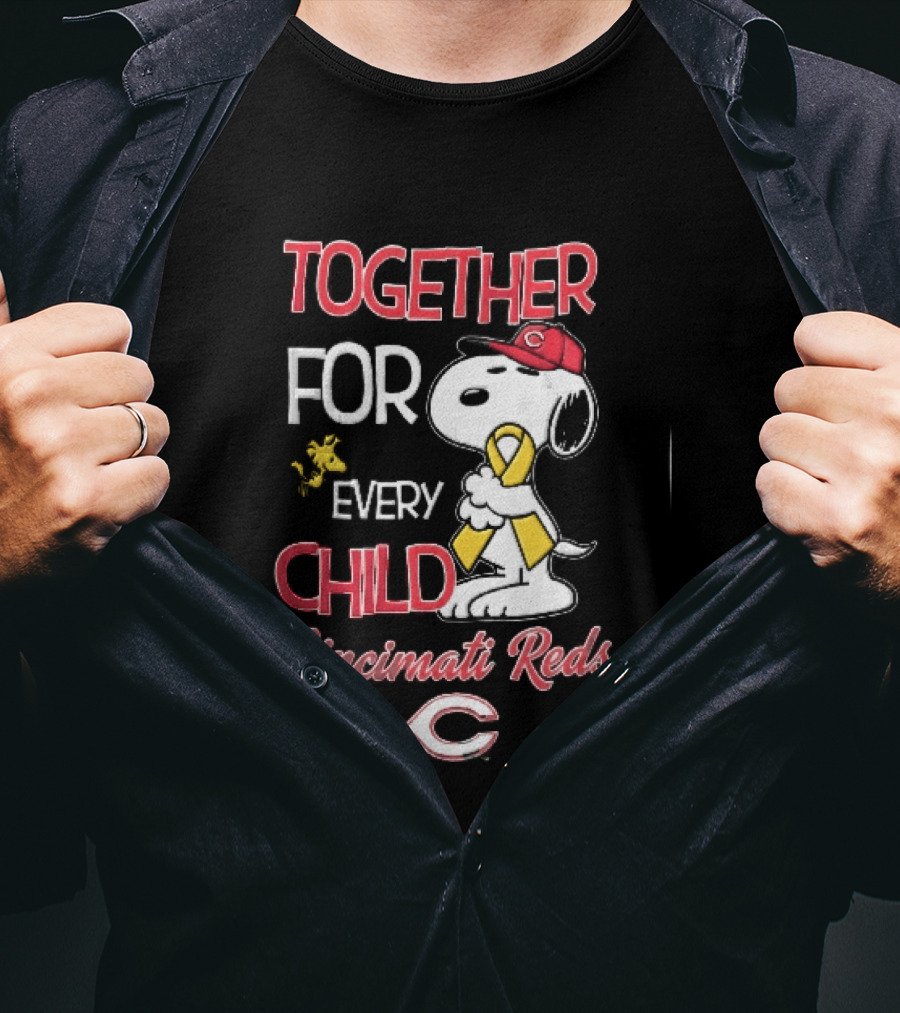 TOGETHER FOR EVERY CHILD Cincinnati Reds Snoopy Woodstock Yellow Ribbon T-Shirt
