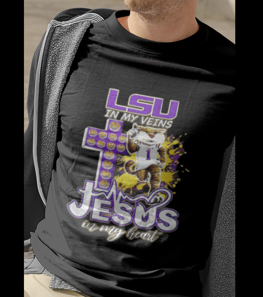 LSU In My Veins Jesus In My Heart Tiger Purple Cross EKG T-Shirt