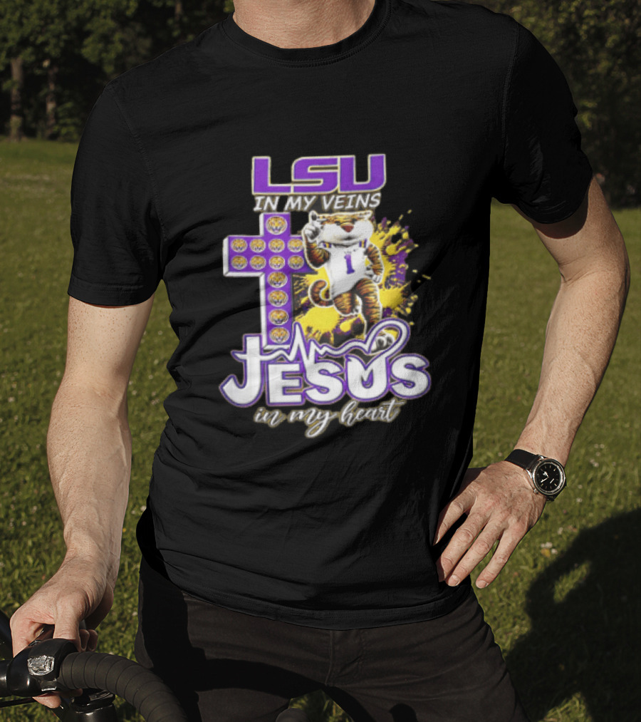 LSU In My Veins Jesus In My Heart Tiger Purple Cross EKG T-Shirt