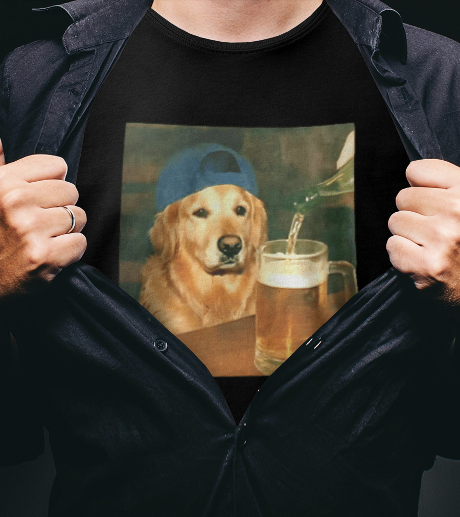 Golden Retriever Backward Cap Beer Pouring Scene T-Shirt