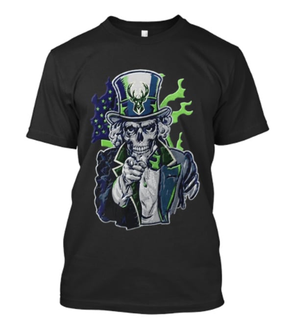 Milwaukee Bucks Uncle Sam Skeleton American Flag Pointing Basketball Fan T-Shirt
