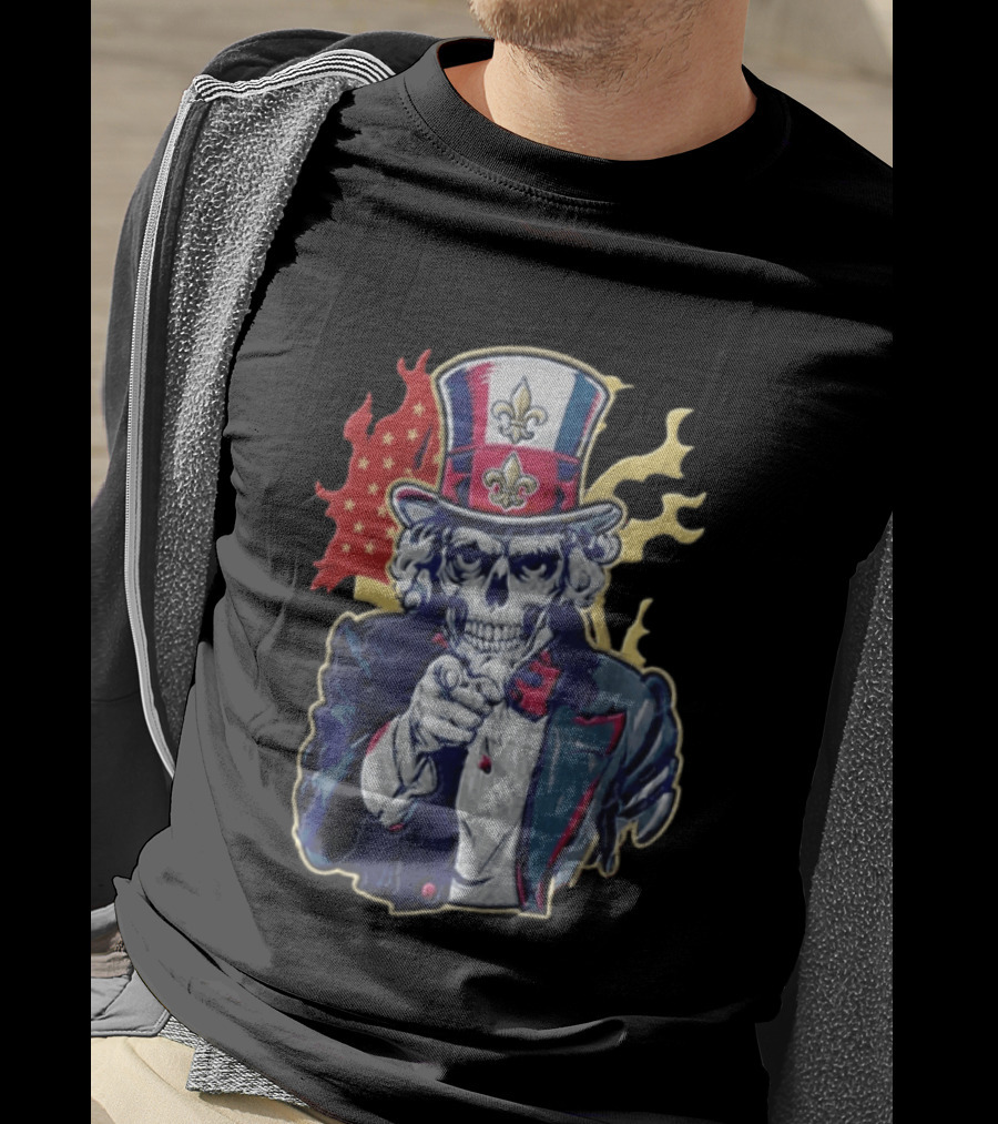 New Orleans Pelicans Skeleton Uncle Sam Pointing American Flag Fleur De Lis T-Shirt