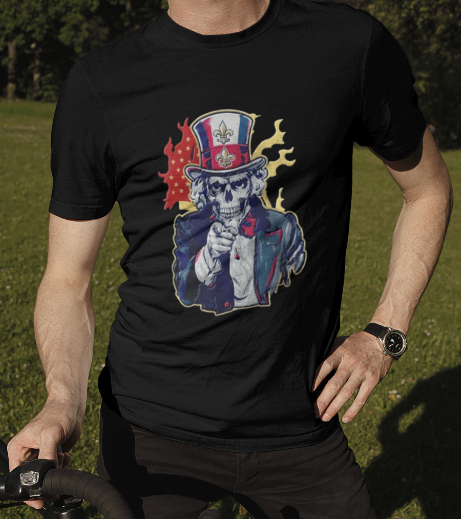 New Orleans Pelicans Skeleton Uncle Sam Pointing American Flag Fleur De Lis T-Shirt