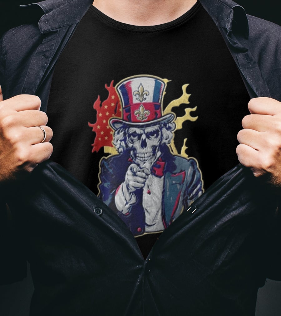 New Orleans Pelicans Skeleton Uncle Sam Pointing American Flag Fleur De Lis T-Shirt