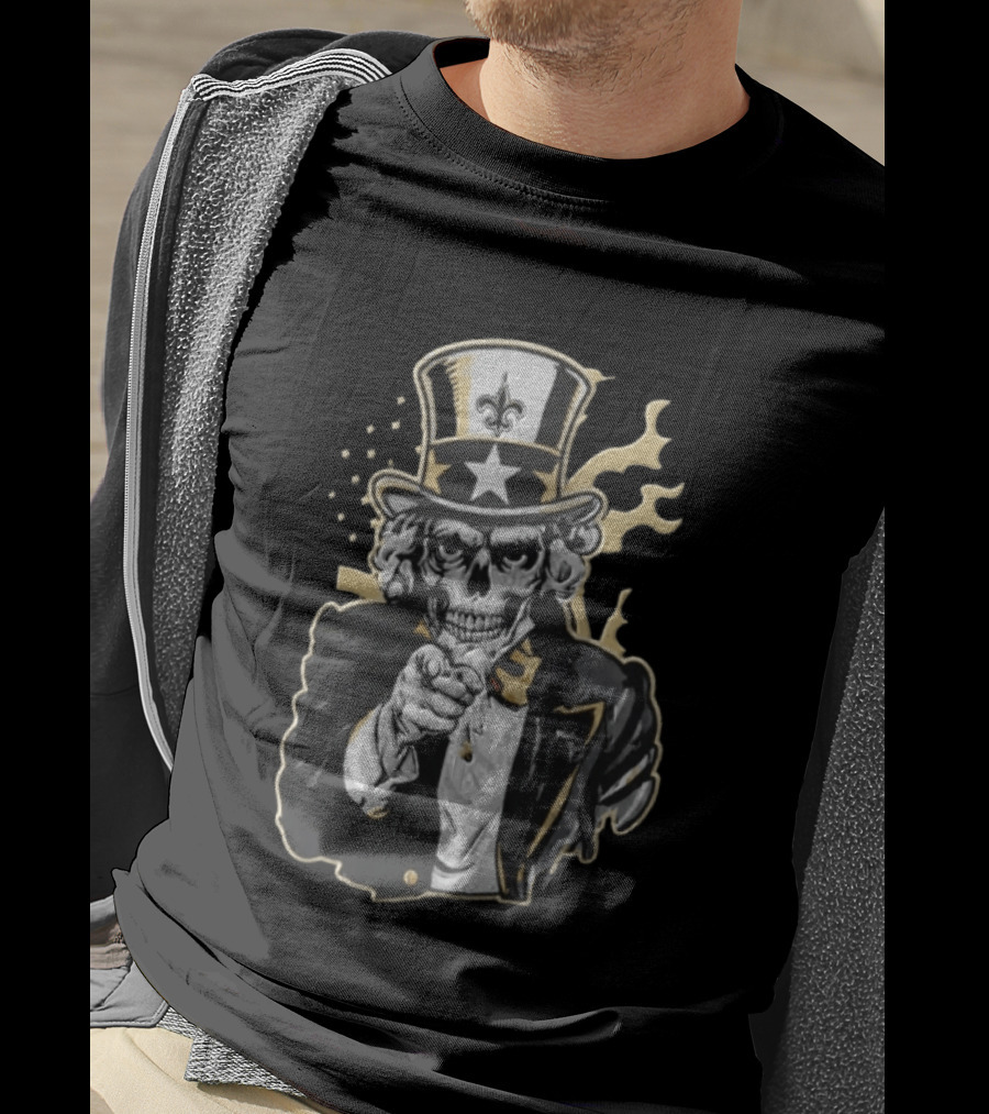 New Orleans Saints Skeleton Uncle Sam Pointing Fleur De Lis American Flag T-Shirt