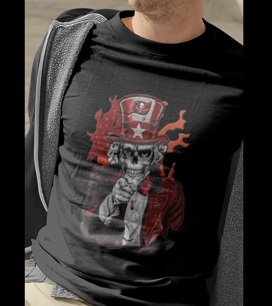 Tampa Bay Buccaneers Uncle Sam Skull American Flag Flames T-Shirt