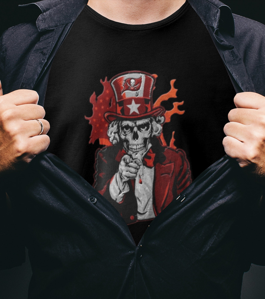 Tampa Bay Buccaneers Uncle Sam Skull American Flag Flames T-Shirt