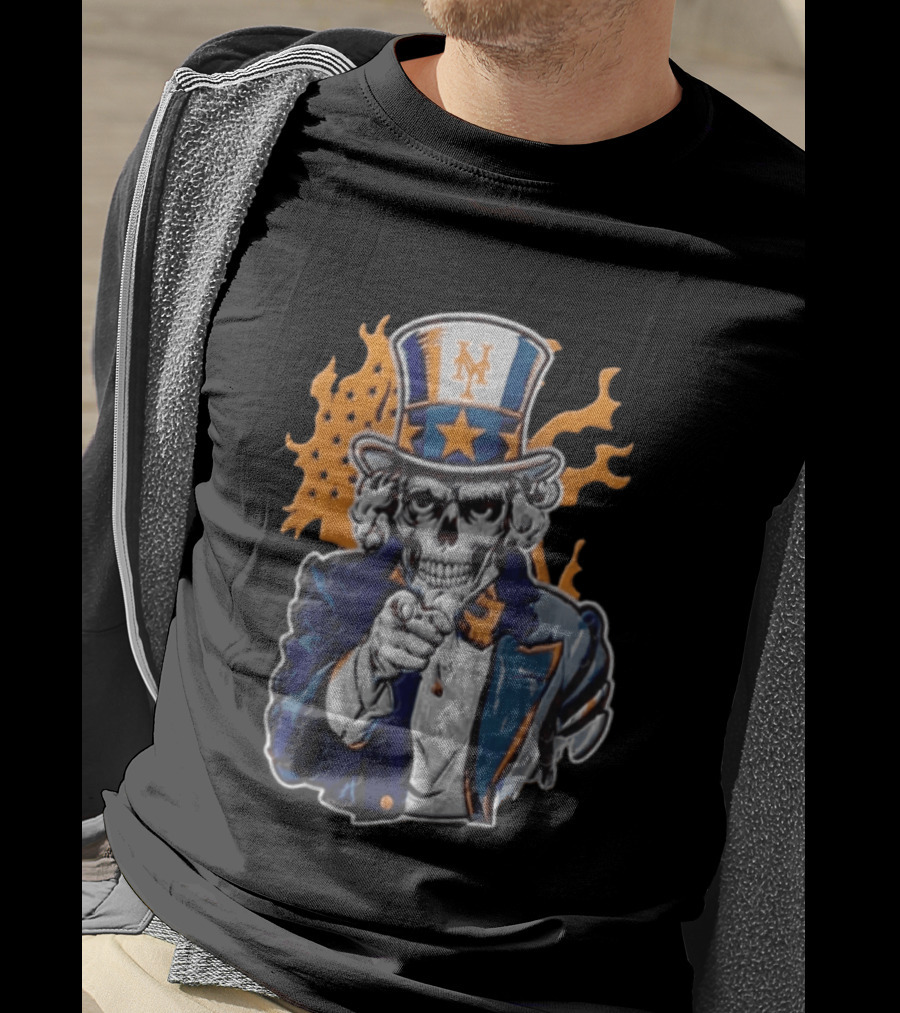 New York Mets Uncle Sam Skeleton Top Hat Stars Flames T-Shirt