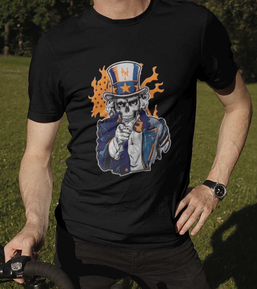 New York Mets Uncle Sam Skeleton Top Hat Stars Flames T-Shirt