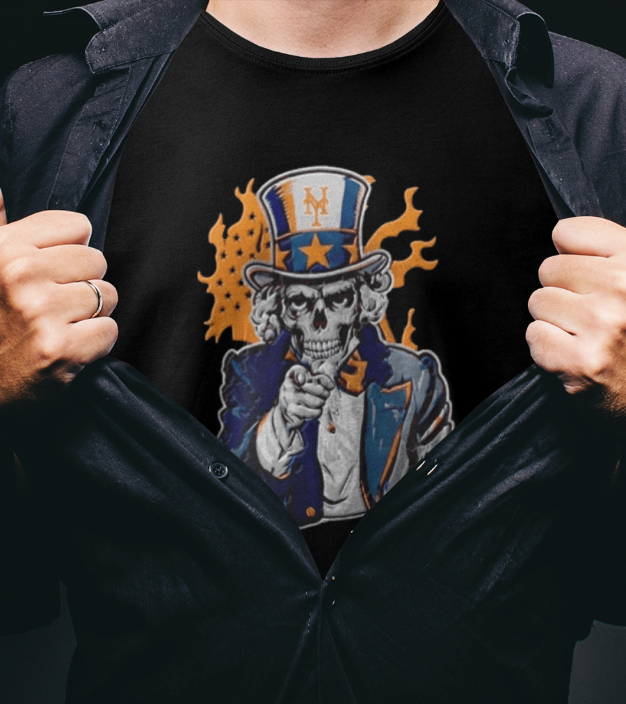 New York Mets Uncle Sam Skeleton Top Hat Stars Flames T-Shirt