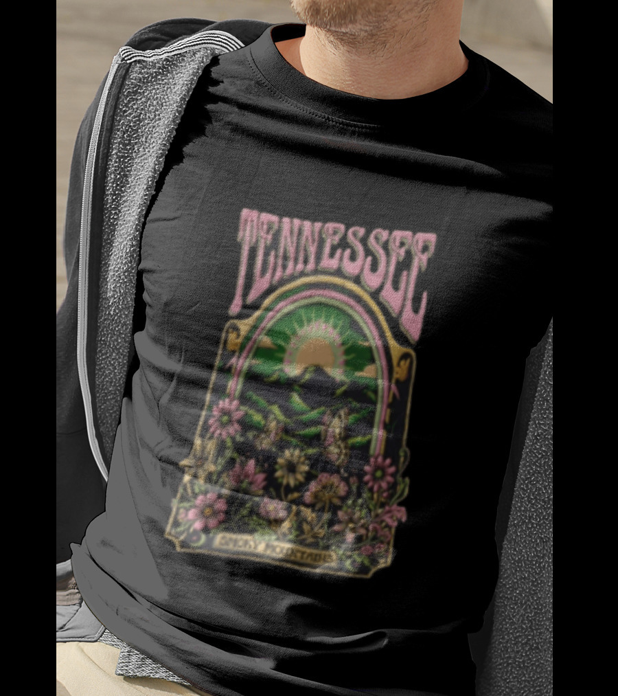 Tennessee Smoky Mountains Sunrise With Butterflies And Flowers T-Shirt
