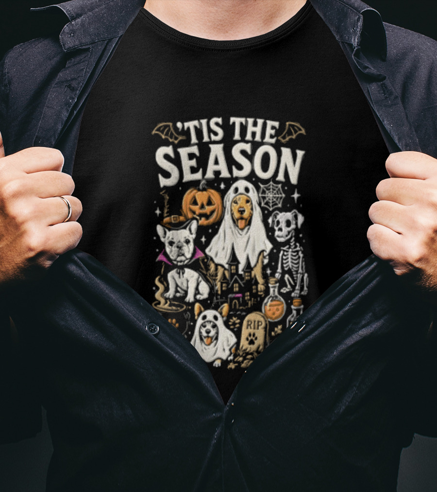 Tis The Season Halloween Dogs Ghost Pumpkin Festive Celebration T-Shirt