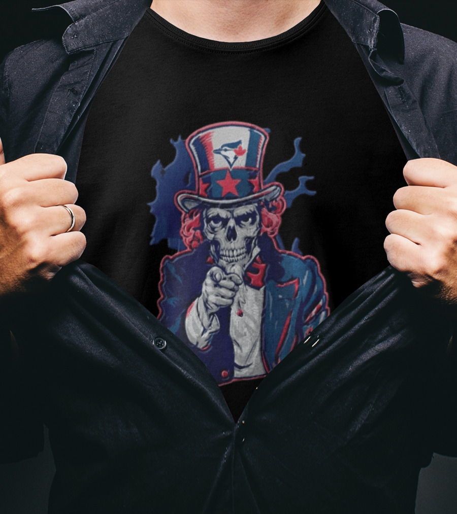 Toronto Blue Jays Skeleton Uncle Sam Pointing American Flag Bird Head Maple Leaf T-Shirt