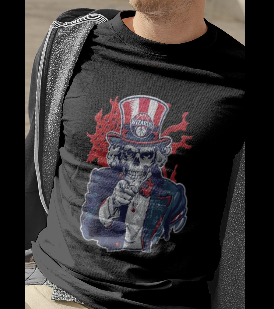 Washington Wizards Skeleton Uncle Sam Pointing Flames American Flag T-Shirt