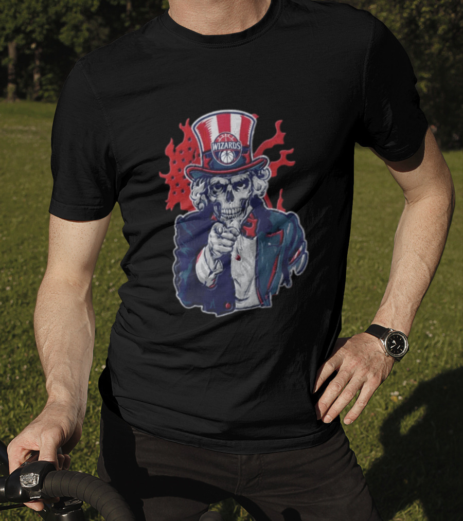 Washington Wizards Skeleton Uncle Sam Pointing Flames American Flag T-Shirt