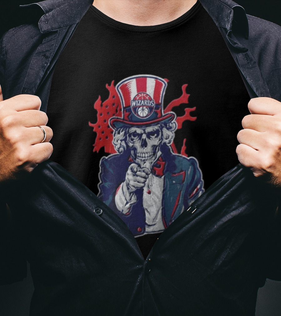 Washington Wizards Skeleton Uncle Sam Pointing Flames American Flag T-Shirt