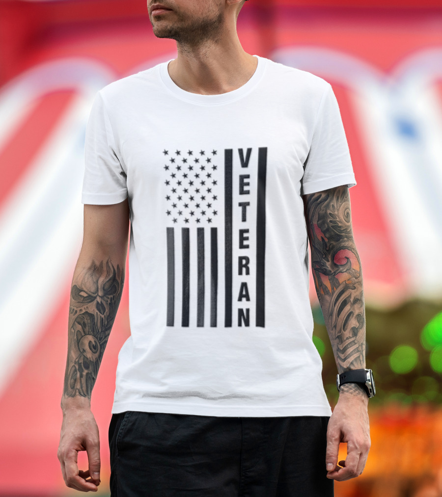 Veteran Vertical Monochrome US Flag Black Stars Stripes T-Shirt