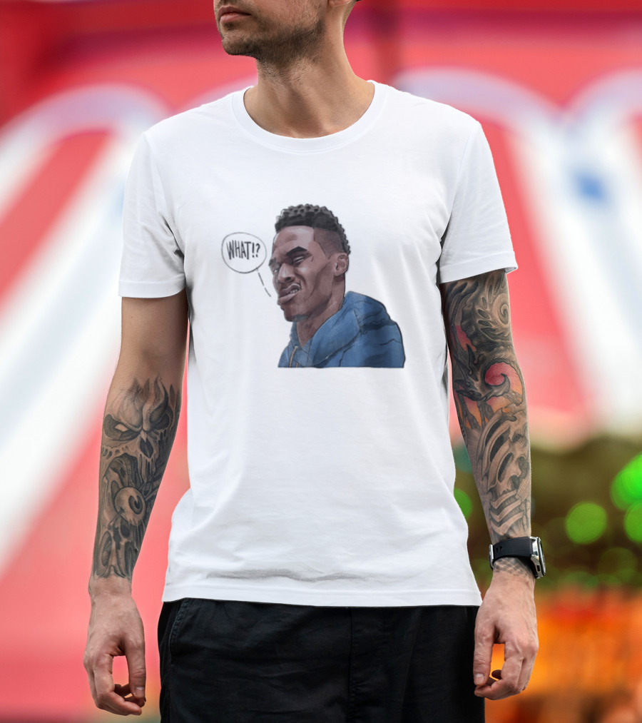 Russell Westbrook Cartoon Caricature Confused Face What Speech Bubble Blue T-Shirt