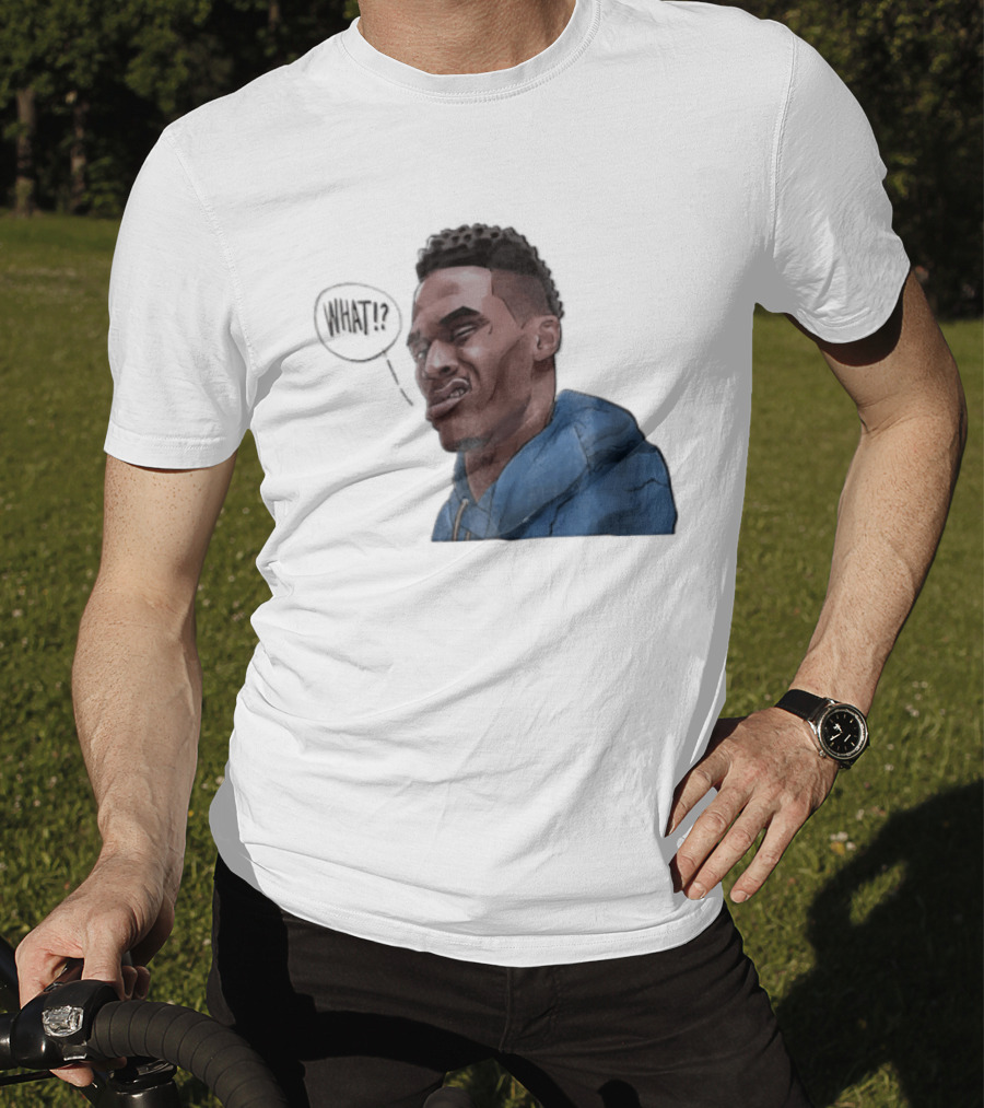 Russell Westbrook Cartoon Caricature Confused Face What Speech Bubble Blue T-Shirt