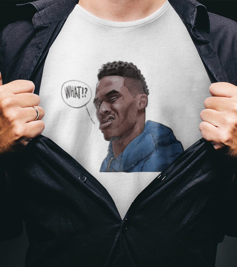 Russell Westbrook Cartoon Caricature Confused Face What Speech Bubble Blue T-Shirt