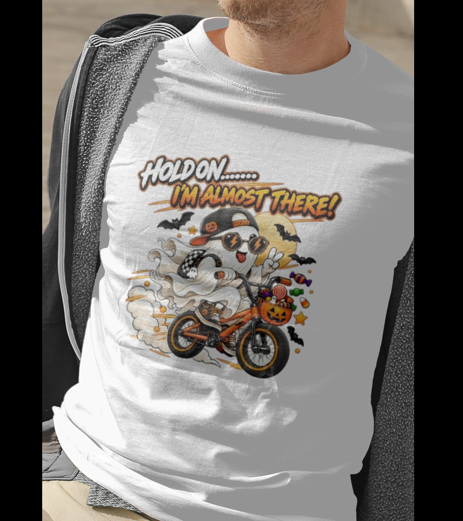 Hold On I'm Almost There Ghost Bicycle Halloween Bats Candy Pumpkin T-Shirt