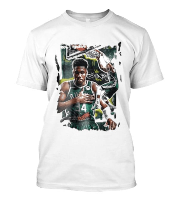Milwaukee Bucks Giannis Dunking Greek Freak Paint Splatter Collage T-Shirt